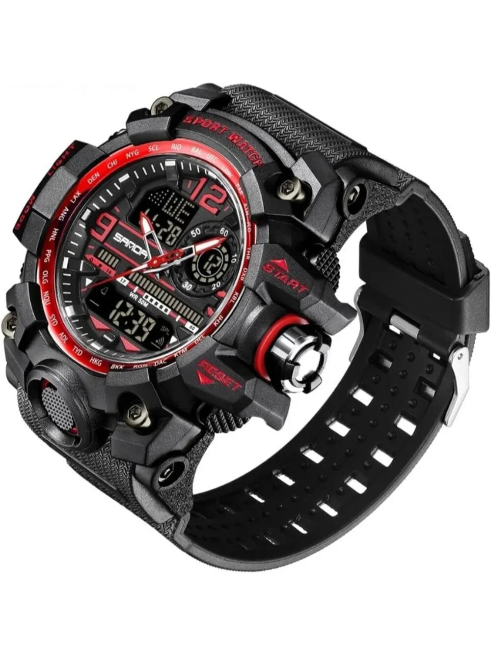 Men's Black Red Analog Quartz Sports Waterproof Military Tactical Digital Watch